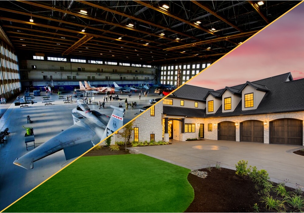 aircraft hangar and a house